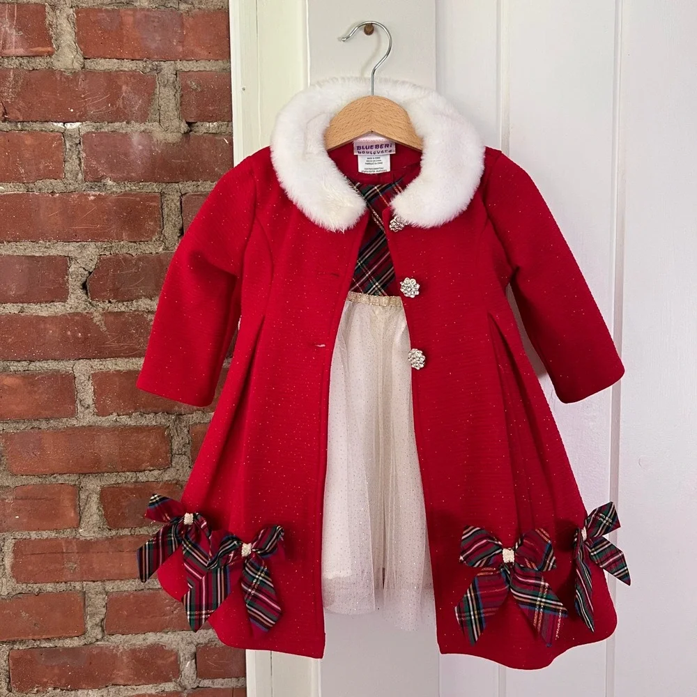 Blueberi Boulevard Baby 18M Christmas Plaid Dress Red Faux Fur Coat Holiday Set
